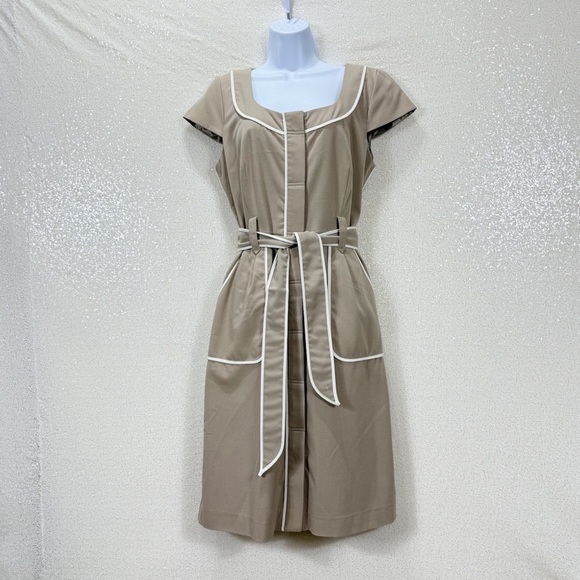 Sandra Darren Taupe Belted Sheath Dress Size 12 | Contrast Trim Office Dress - Picture 10 of 11